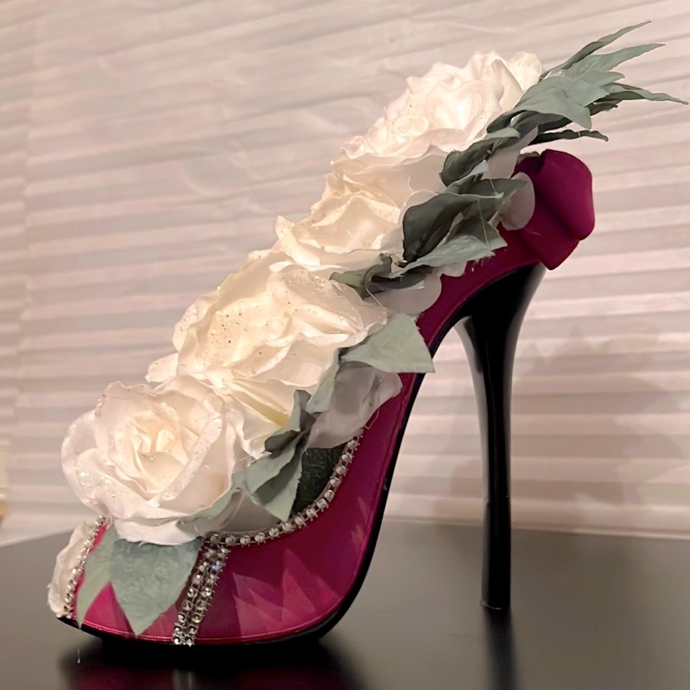 Custom made fuschia stiletto with bling & beautiful white & green floral